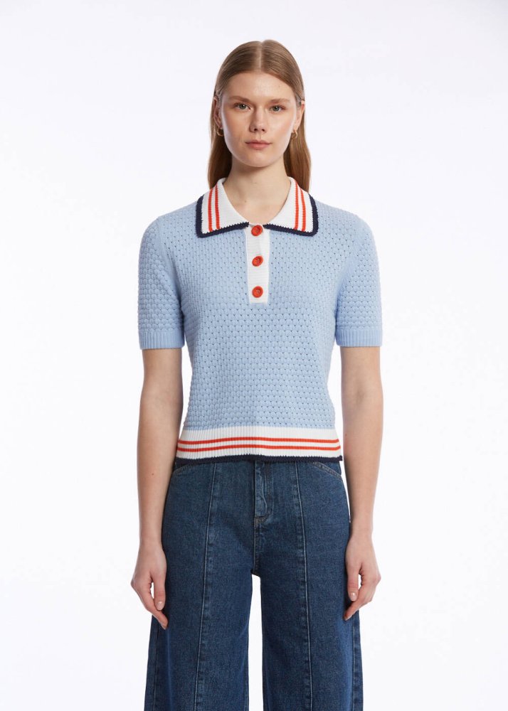 KNITSS - CONTRAST STRIPED POLO NECK SKY KNIT TOP