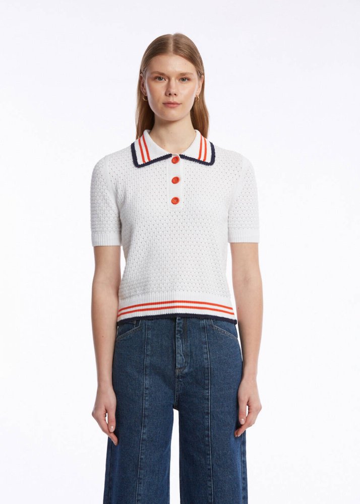 KNITSS - CONTRAST STRIPED POLO NECK WHITE KNIT TOP