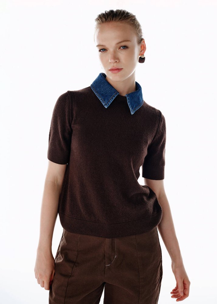 KNITSS - DENIM NECK DETAILED KNIT TOP COFFEE