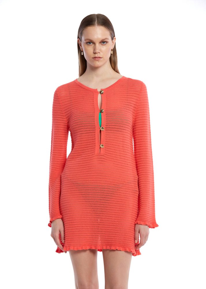 KNITSS - Düğme Kapamalı Mercan Mini Triko Elbise