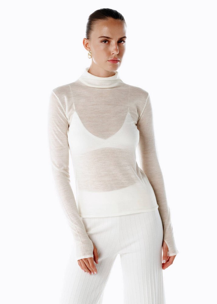 KNITSS - ECRU ULTRAFINE MERINO WOOL BLEND KNIT TOP