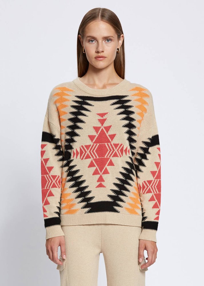 KNITSS - ETHNIC PATTERNED INTARSIA BEIGE BLACK SWEATER