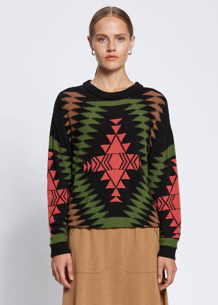 KNITSS - ETHNIC PATTERNED INTARSIA BLACK GREEN SWEATER