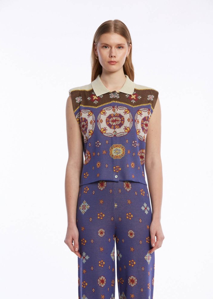 KNITSS - ETHNIC PATTERNED POLO NECK KNIT TOP