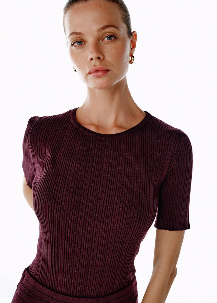 KNITSS - Extrafıne Merino Yün Karışımlı Mürdüm Triko Üst