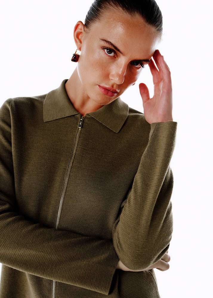 KNITSS - Extrafıne Merino Yün Karışımlı Olıvestone Triko Ceket