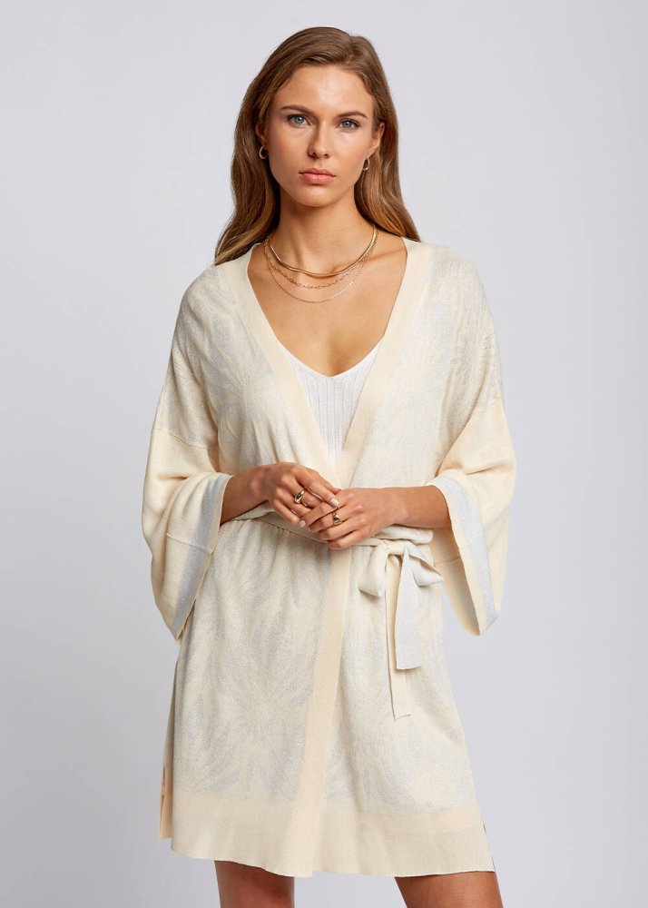 KNITSS - Floral Pattern Beige Knit Kimono
