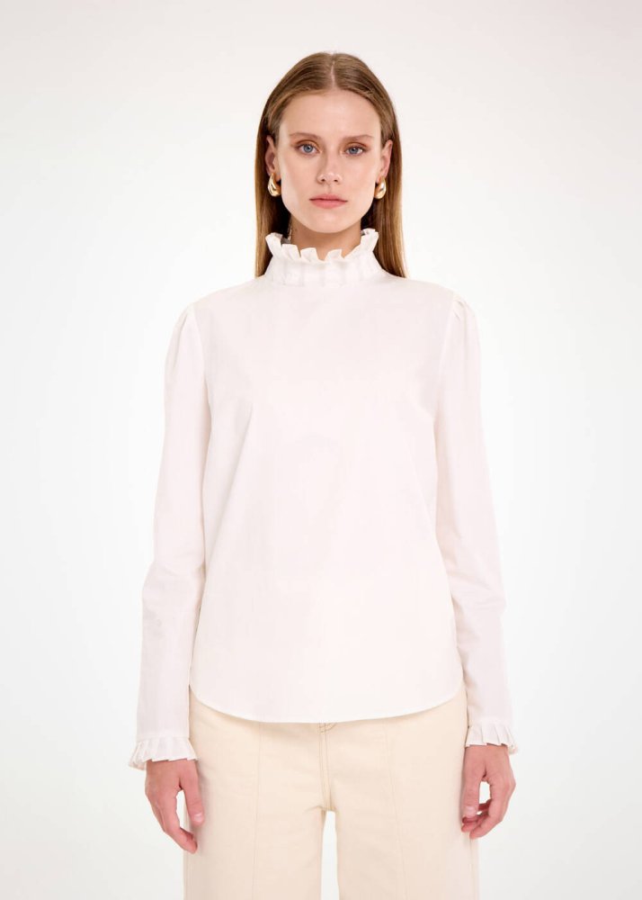 KNITSS - FRILL DETAILED WHITE PURE COTTON SHIRT
