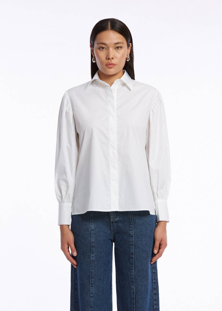 KNITSS - GATHERED DETAILED PURE COTTON WHITE SHIRT