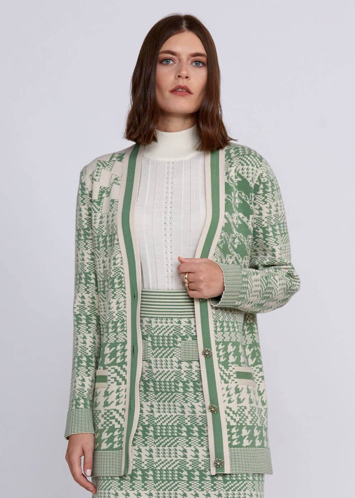 KNITSS - Houndstooth Patterned Jade Cream Knit Cardigan