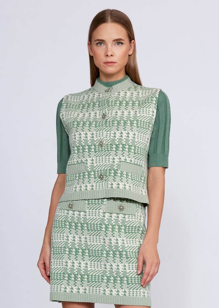 KNITSS - Houndstooth Patterned Jade Cream Knit Vest
