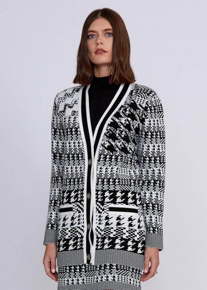 KNITSS - Geometrik Kaz Ayağı Desenli Siyah Beyaz Triko Hırka