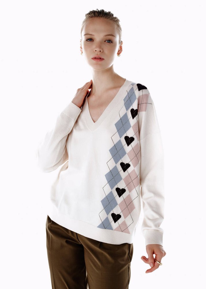 KNITSS - HEARTED ARGYLE PATTERNED SWEATER CLOUD