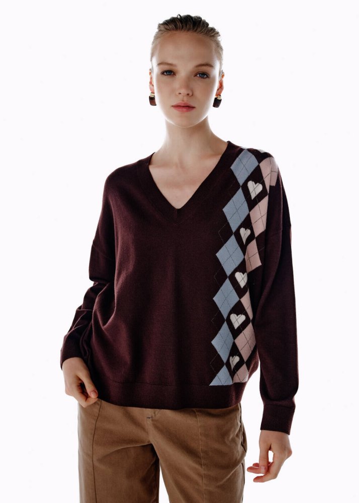 KNITSS - HEARTED ARGYLE PATTERNED SWEATER COFFEE