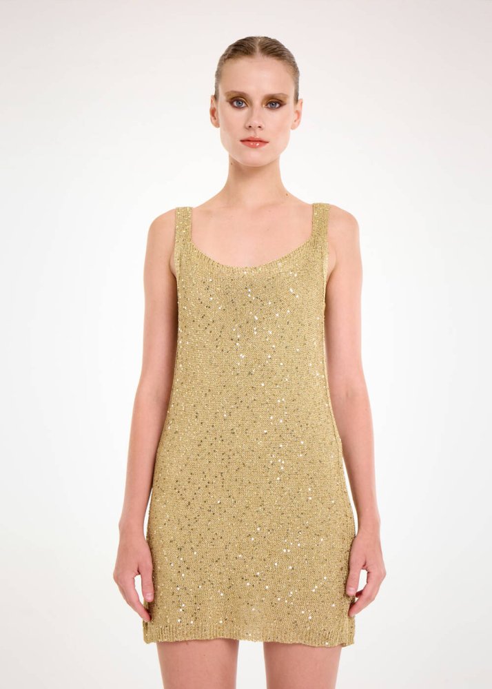 KNITSS - Işıltılı Gold Renk Payetli Triko Elbise