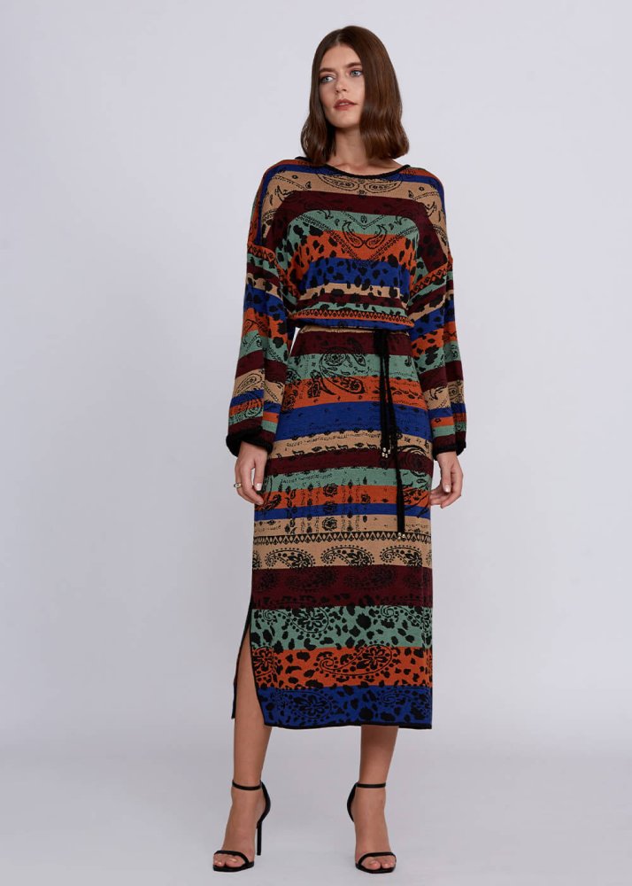 KNITSS - Jacquard Pattern Merino Wool Long Knit Dress