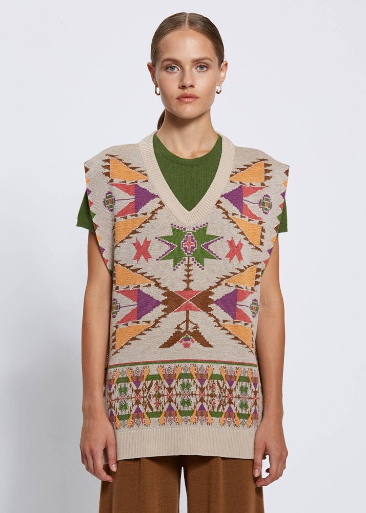 KNITSS - Jakar Desen Merino Yün Triko Yelek KNITSS - Jakar Desen Merino Yün Triko Yelek