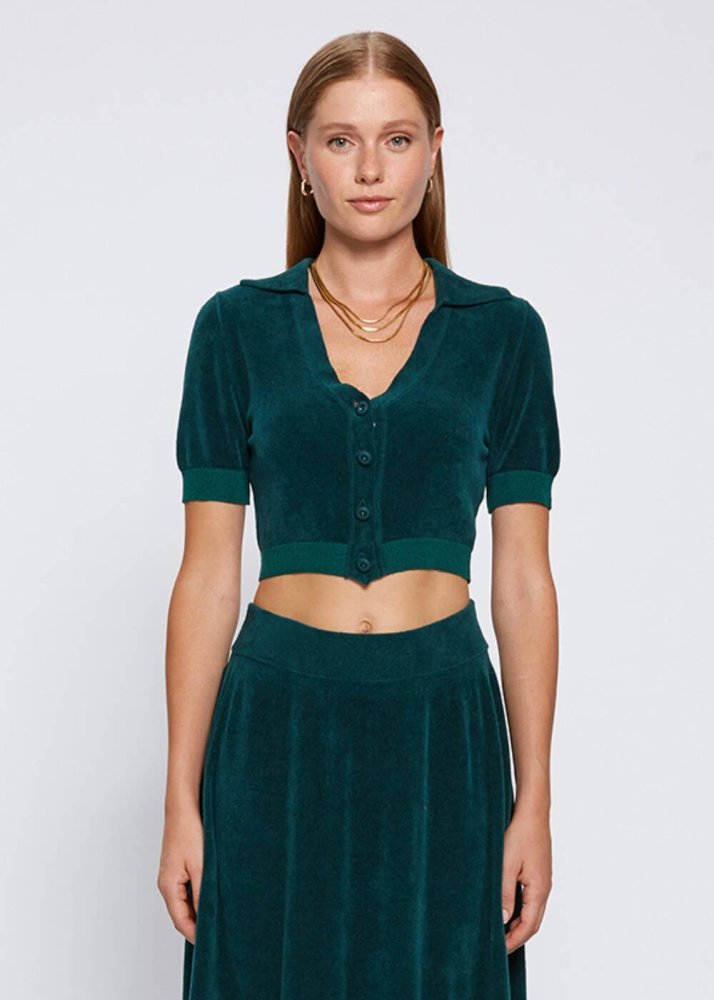 KNITSS - JEWEL BUTTON DETAILED MALACHITE CROP KNIT TOP
