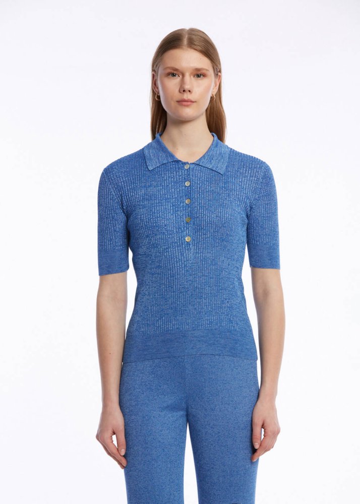KNITSS - JEWEL BUTTONS POLO NECK AZURE KNIT TOP