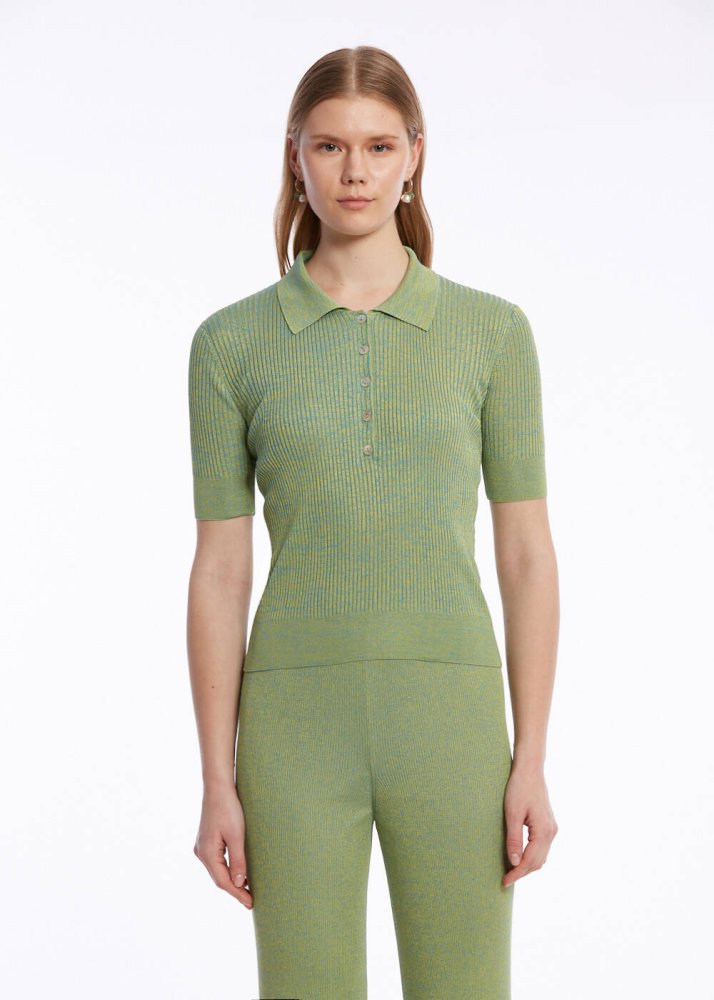 KNITSS - JEWEL BUTTONS POLO NECK PISTACHIO KNIT TOP