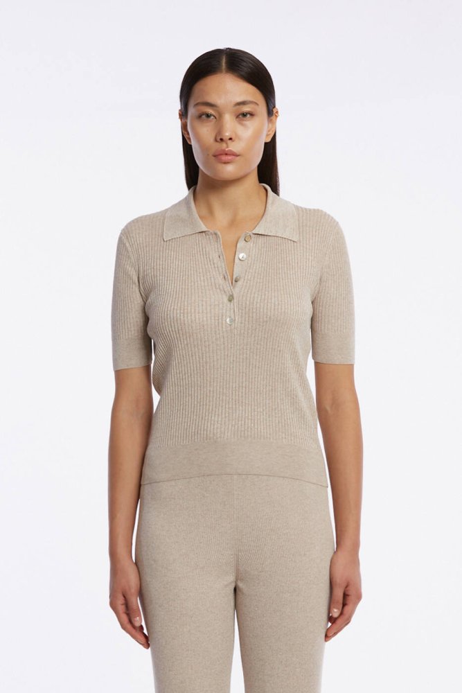KNITSS - JEWEL BUTTONS POLO NECK SAND KNIT TOP