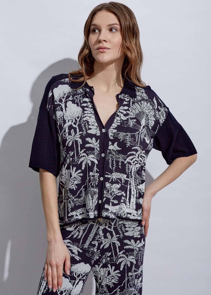 KNITSS - Jungle Pattern Ecru Navy Knıt Top