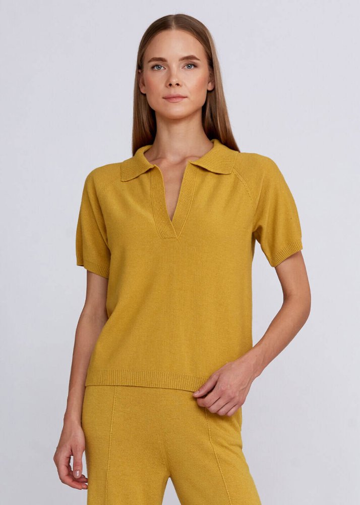 KNITSS - Kaşmir Karışımlı Polo Yaka Sarı Triko Üst