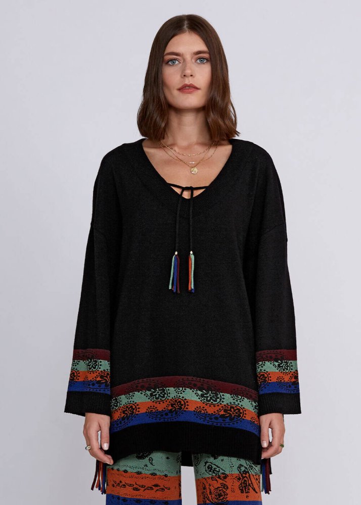 KNITSS - Kaşmir Yün Karışımlı V Yaka Siyah Triko Tunik