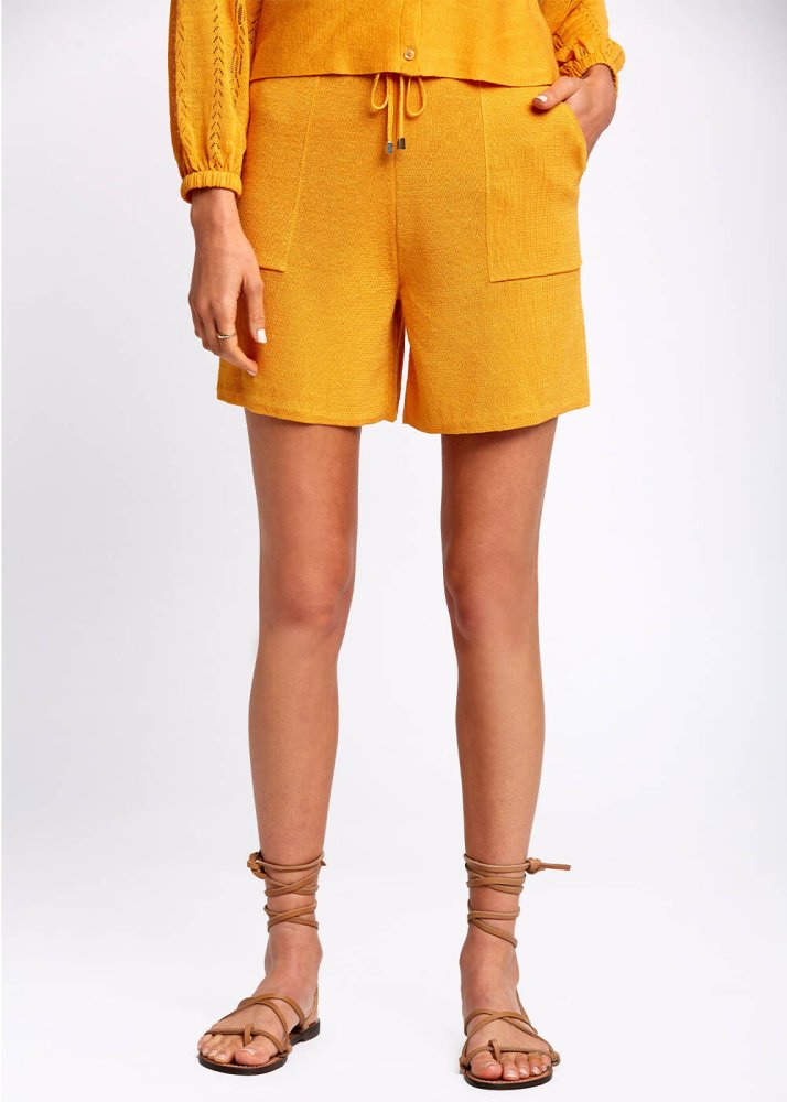 KNITSS - Keten Karışımlı Cepli Beli Bağcıklı Turuncu Triko Şort