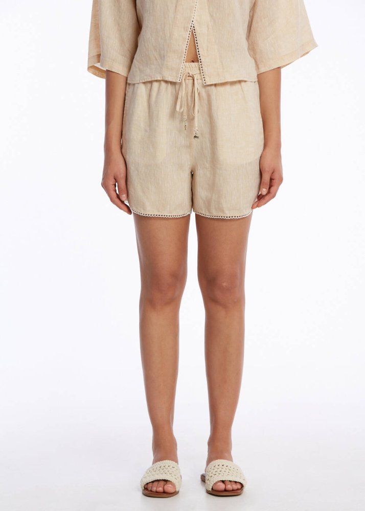 KNITSS - Kontrast Detaylı Bej Keten Şort