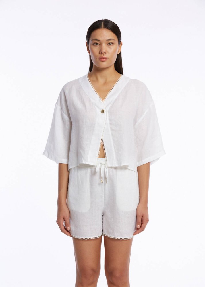 KNITSS - Kontrast Detaylı Beyaz Keten Üst