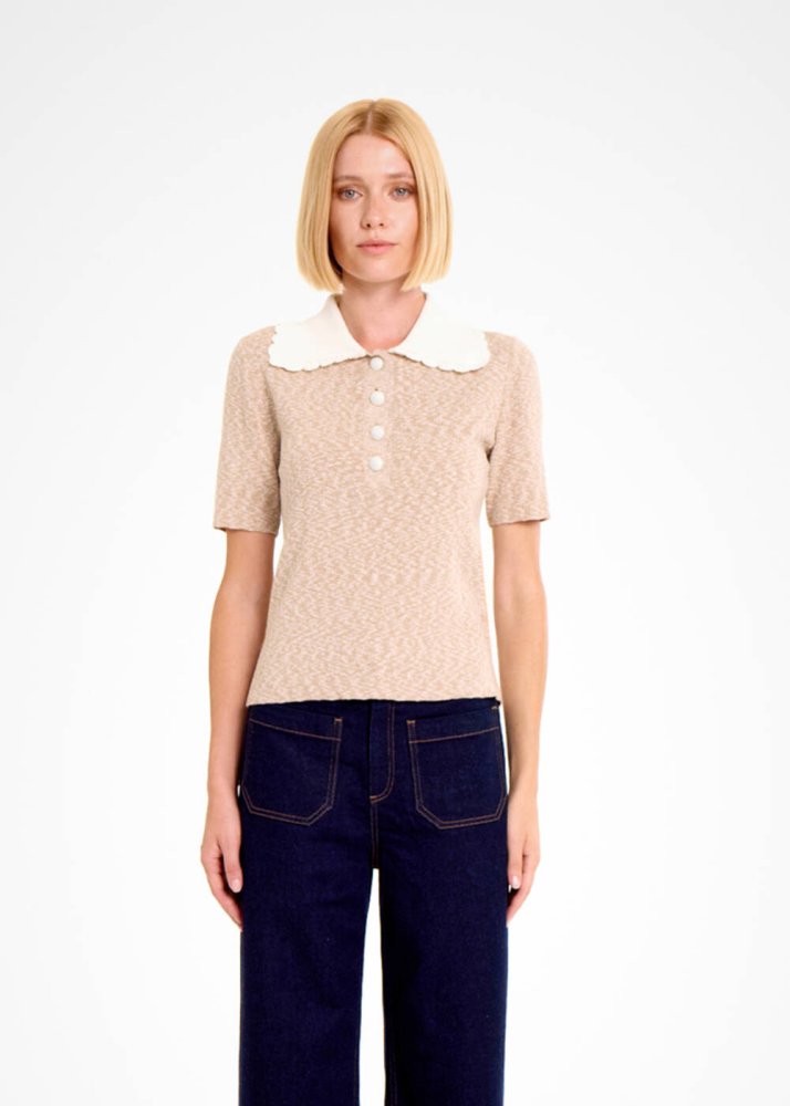 KNITSS - Kontrast Yaka Camel Muline Triko Üst