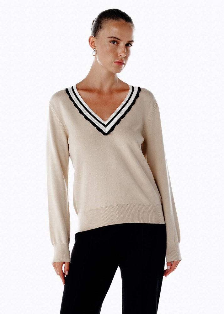 KNITSS - LATTE CONTRAST STRIPED V NECK SWEATER