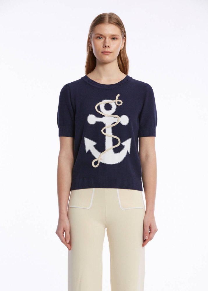 KNITSS - MARINE EMBROIDERED ORGANIC COTTON KNIT TOP