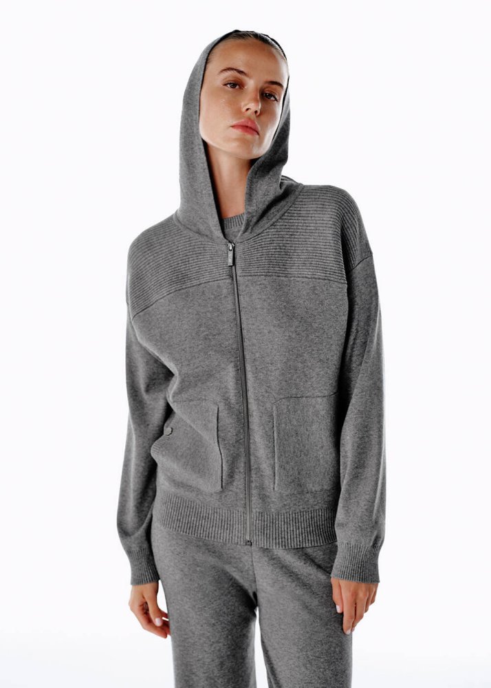 KNITSS - MERINO WOOL BLEND HOODED MID GREY KNIT CARDIGAN