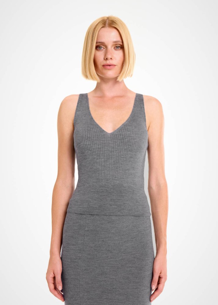 KNITSS - MERINO WOOL BLEND V NECK MID GREY KNIT TOP