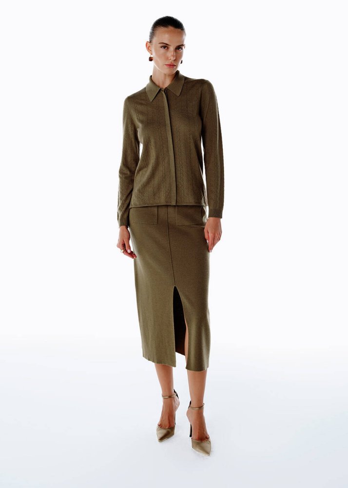 KNITSS - MERINO WOOL RICH BLEND KNIT SKIRT OLIVESTONE