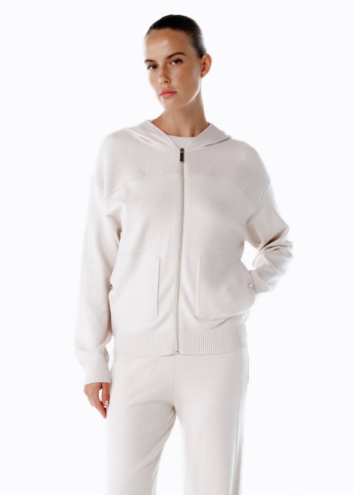 KNITSS - Merino Yün Karışımlı Kapüşonlu Naturel Triko Hırka