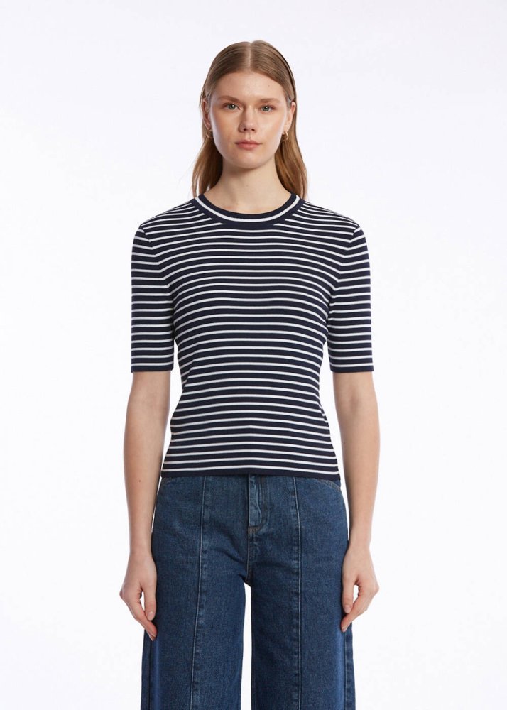 KNITSS - NAVY WHITE STRIPED KNIT TOP
