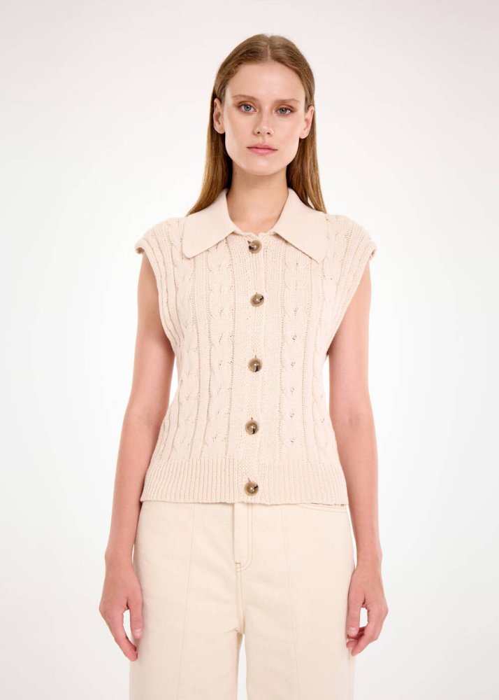 KNITSS - ORGANIC PAMUK JEWEL BUTTONS CREAM KNIT TOP