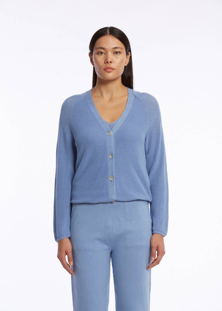 KNITSS - Organik Pamuk Keten Karışımlı Mavi Triko Hırka