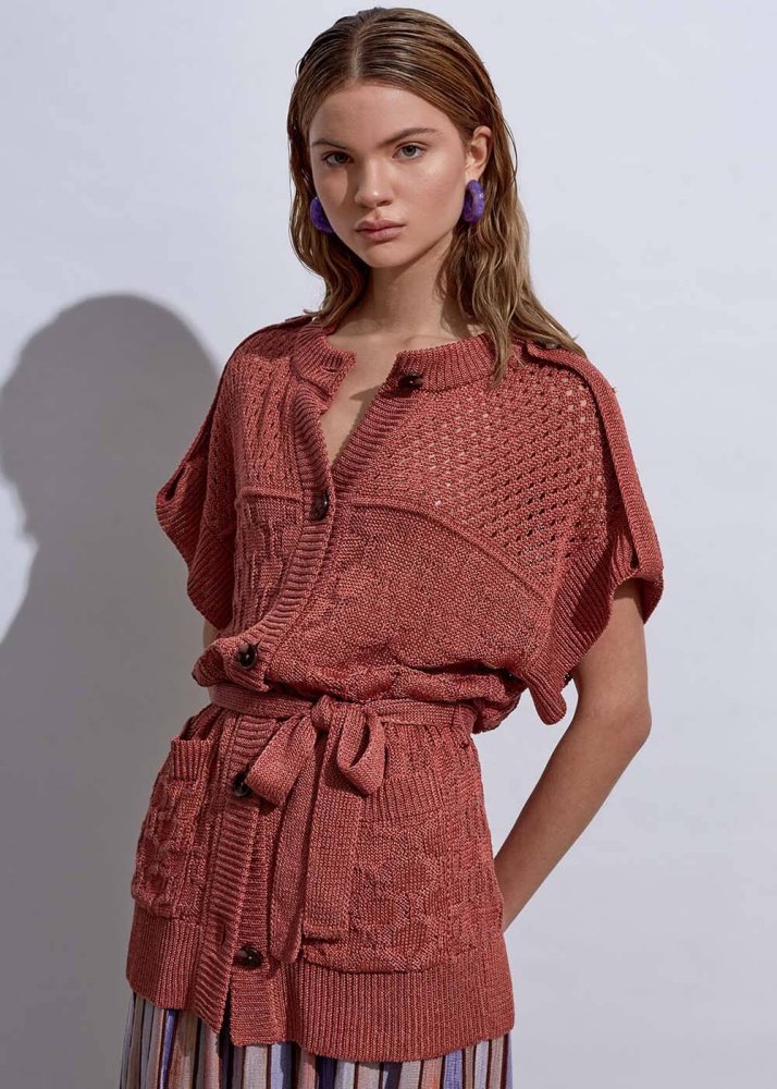 KNITSS - Örgü Detaylı Keten Pembe Triko Hırka