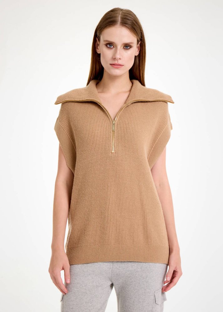 KNITSS - Oversıze Camel Triko Yelek