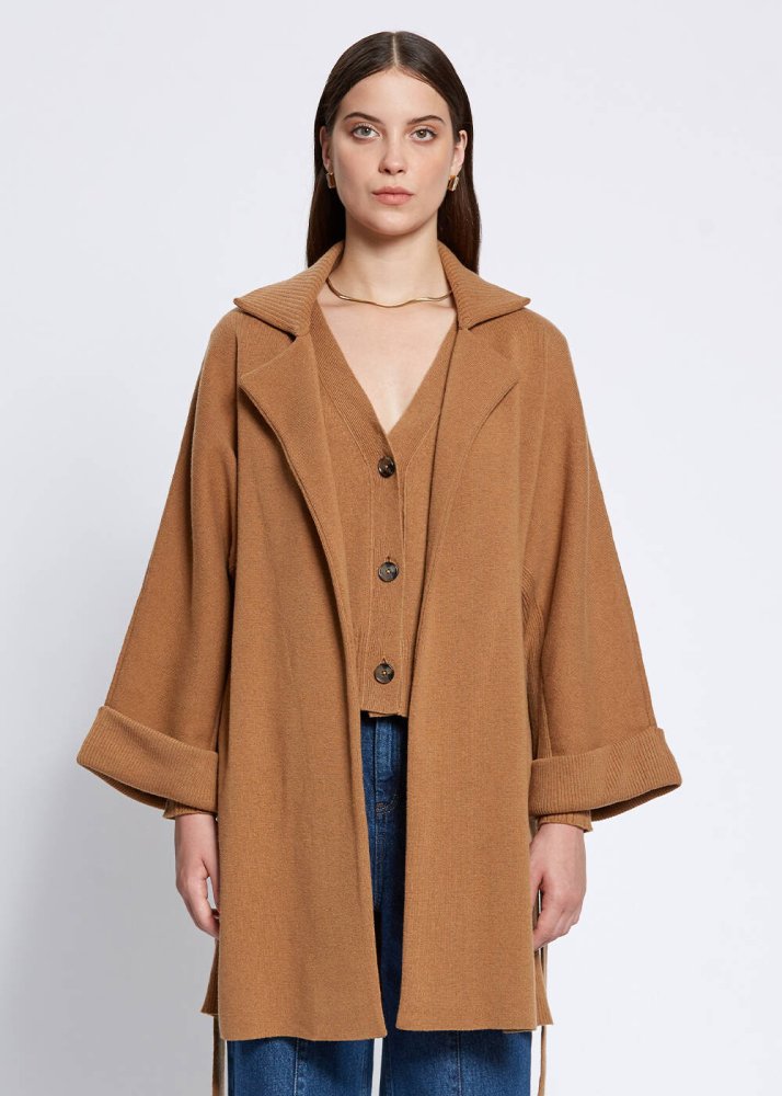 KNITSS - Oversize Self Belted Cashmere Camel Knit Coat