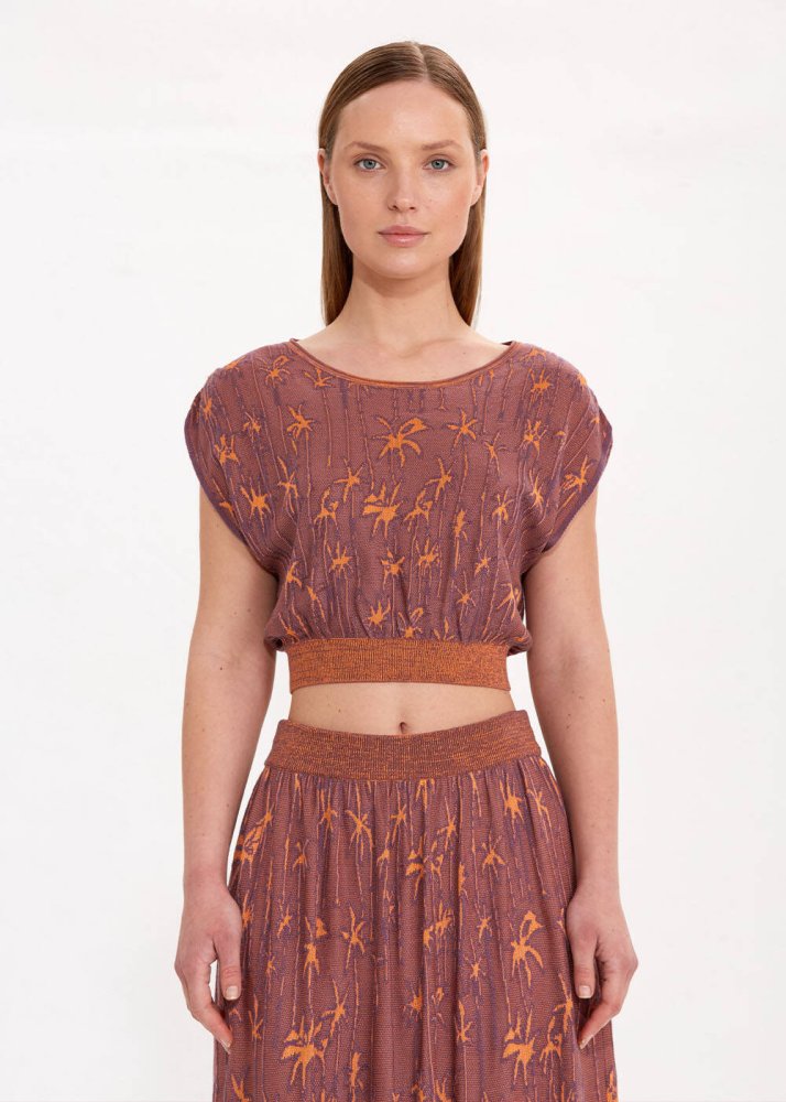KNITSS - Palmiye Desenli Crop Triko Üst