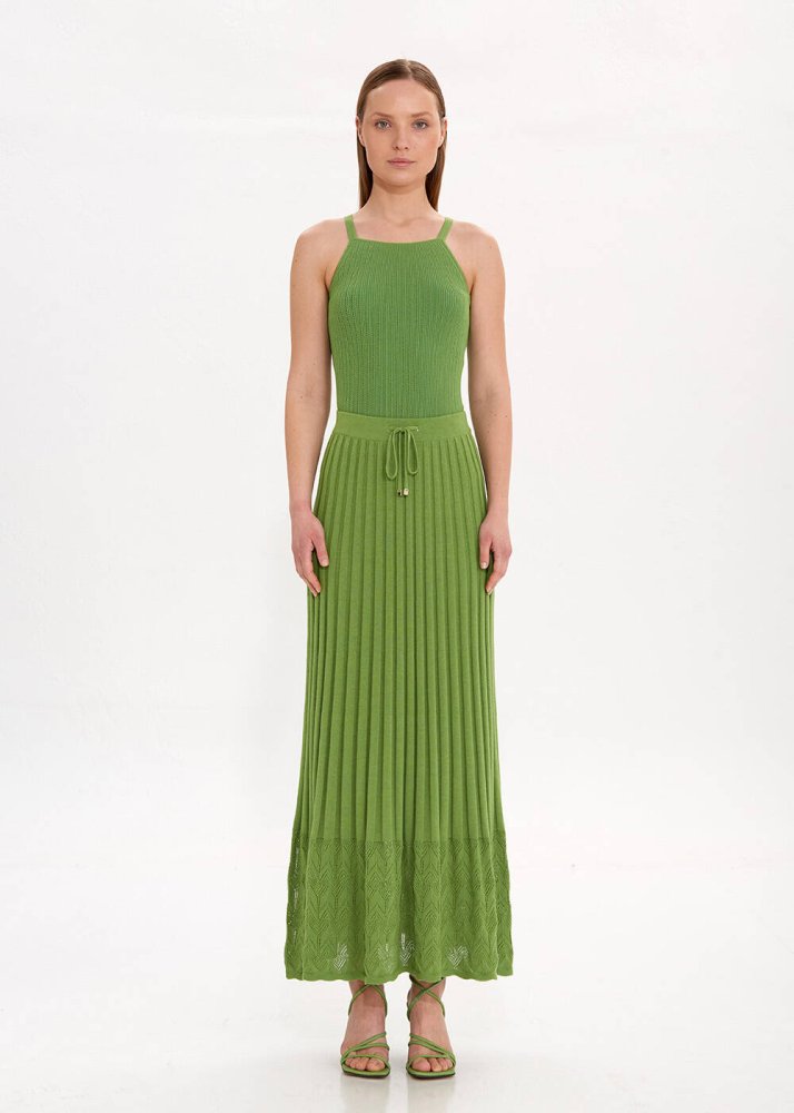 KNITSS - Pile Detaylı Yeşil Triko Etek