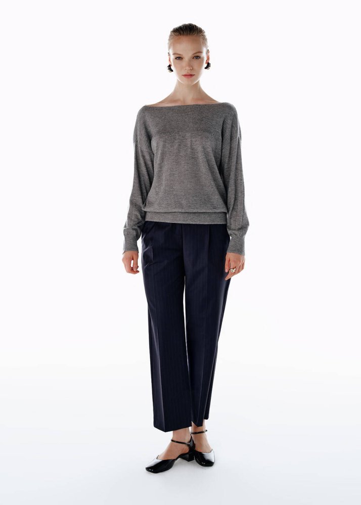 KNITSS - PLEATED DETAIL STRIPE WOOL PANTS NAVY