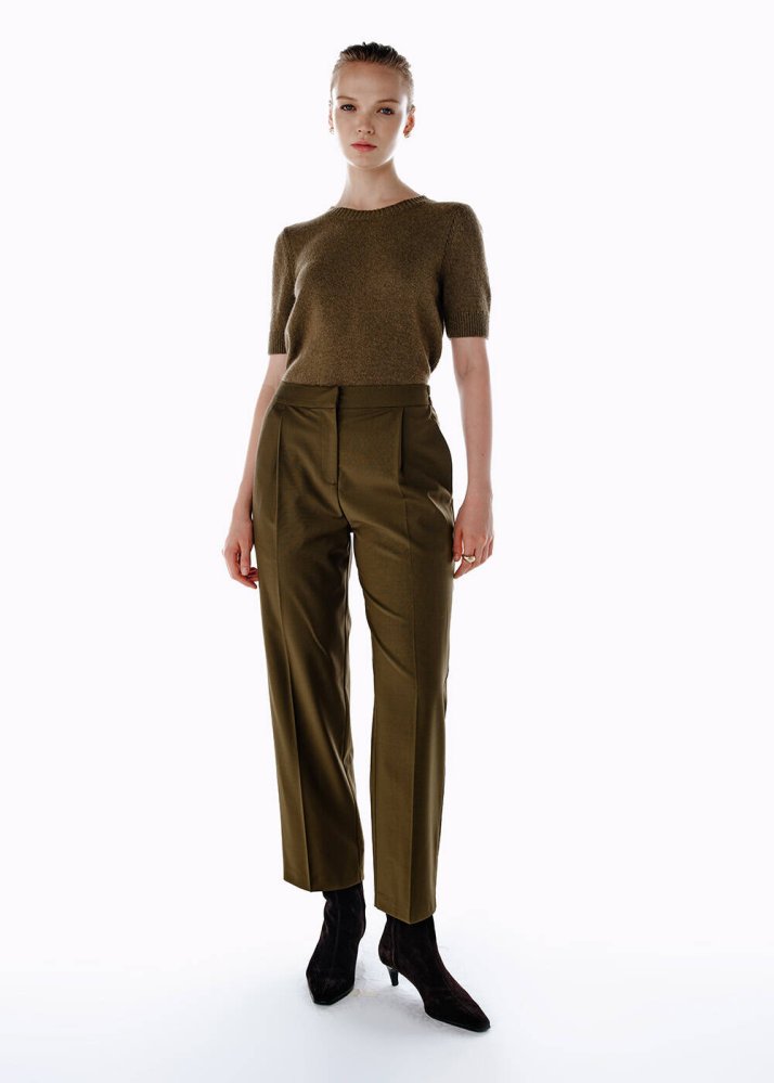 KNITSS - PLEATED DETAIL WOOL PANTS OLIVESTONE 