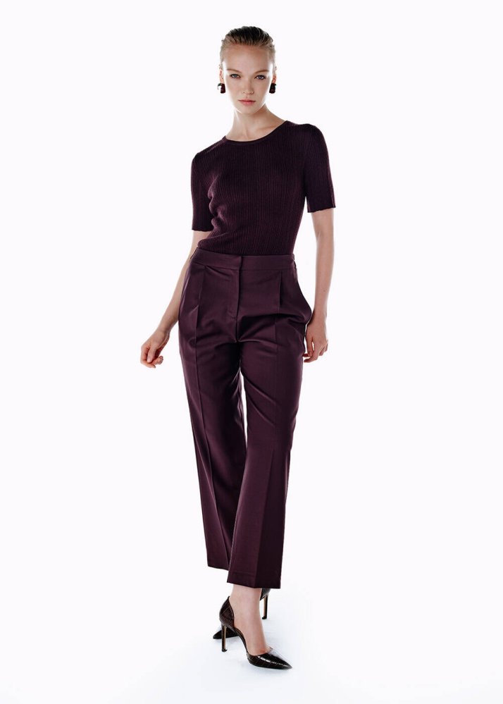KNITSS - PLEATED DETAIL WOOL PANTS PLUM 