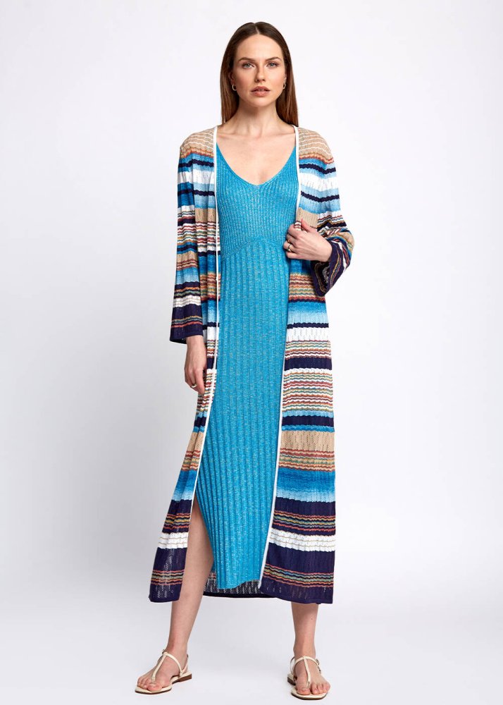 KNITSS - Pointelle Detail Striped Midi Knit Cardigan